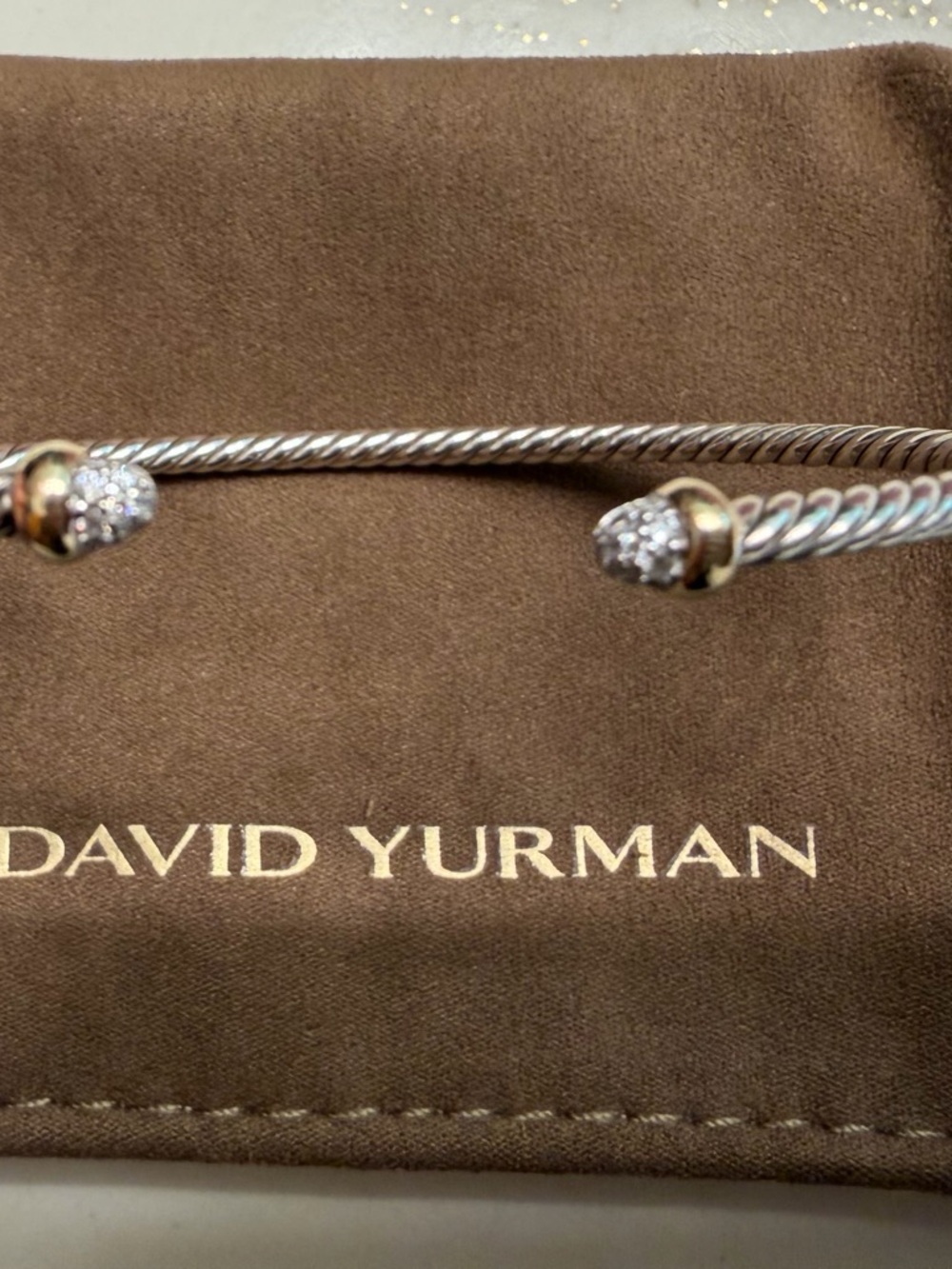 David Yurman Two-Tone Cable Cuff Bracelet with Pavé End Caps - Silver & Gold